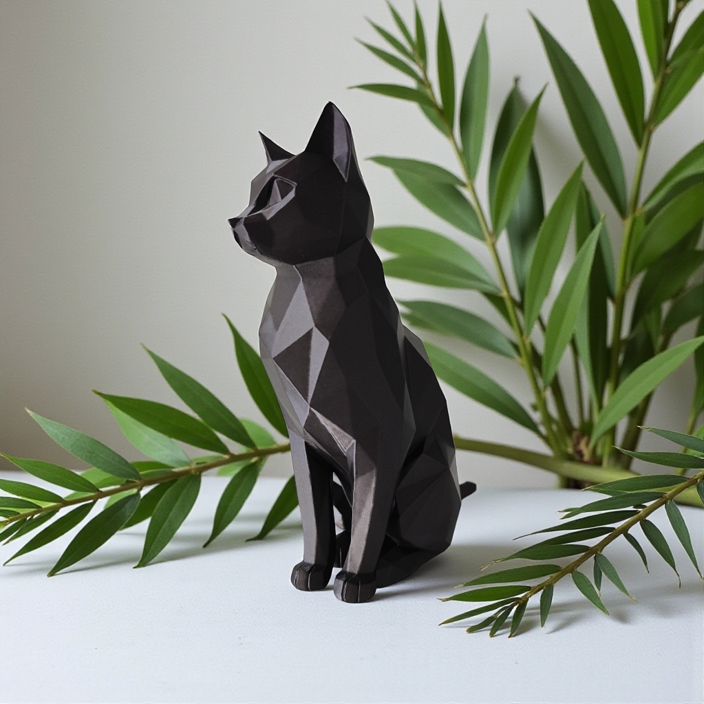 Sitting elegant low poly cat sculpture - main view